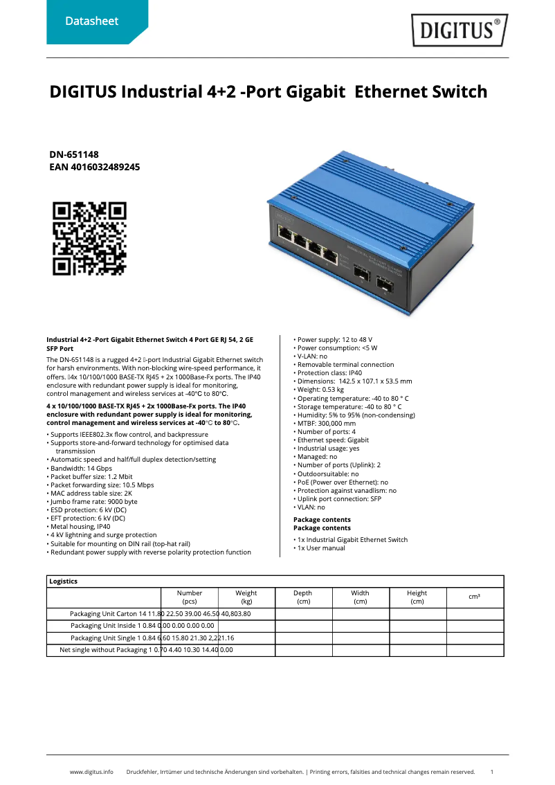 Página 1 del manual Ficha técnica Digitus DN-651148