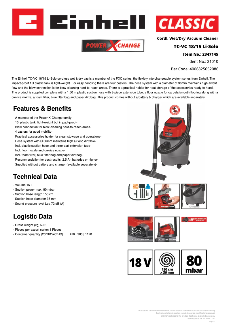 Página 1 del manual Ficha técnica Einhell TC-VC 18/15 Li-Solo