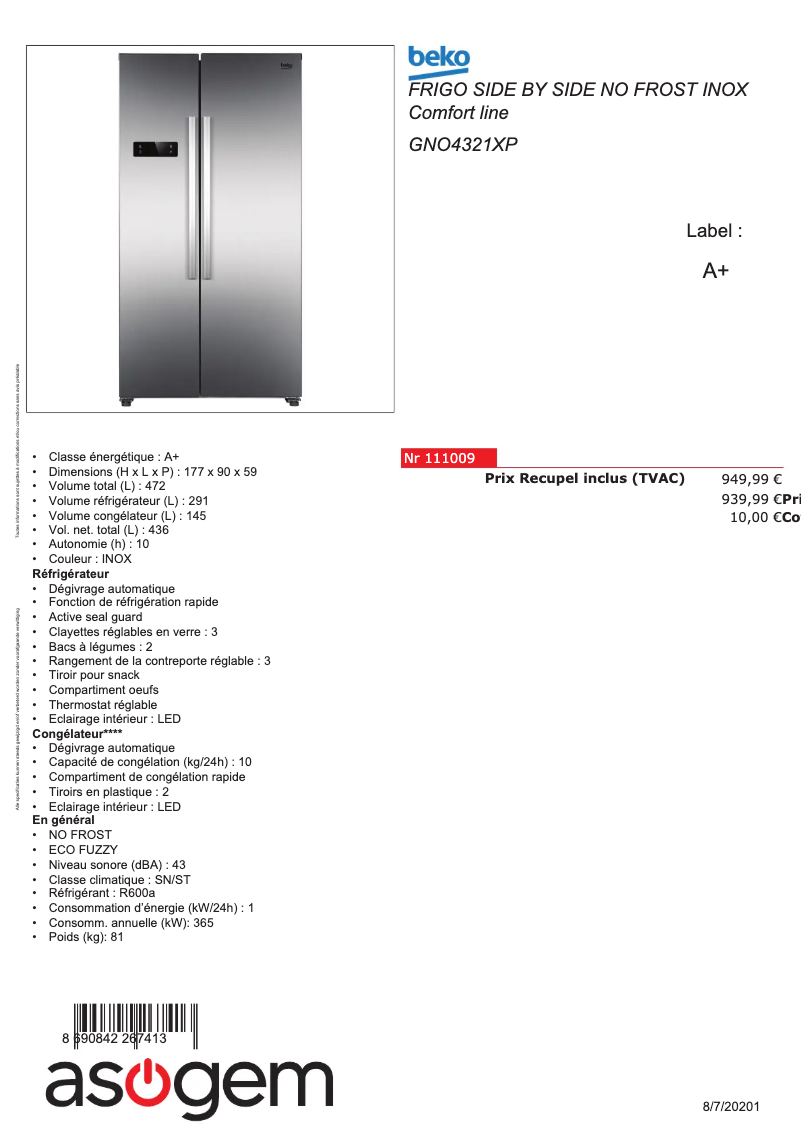 Página 1 del manual Ficha técnica Beko GNO4321XP