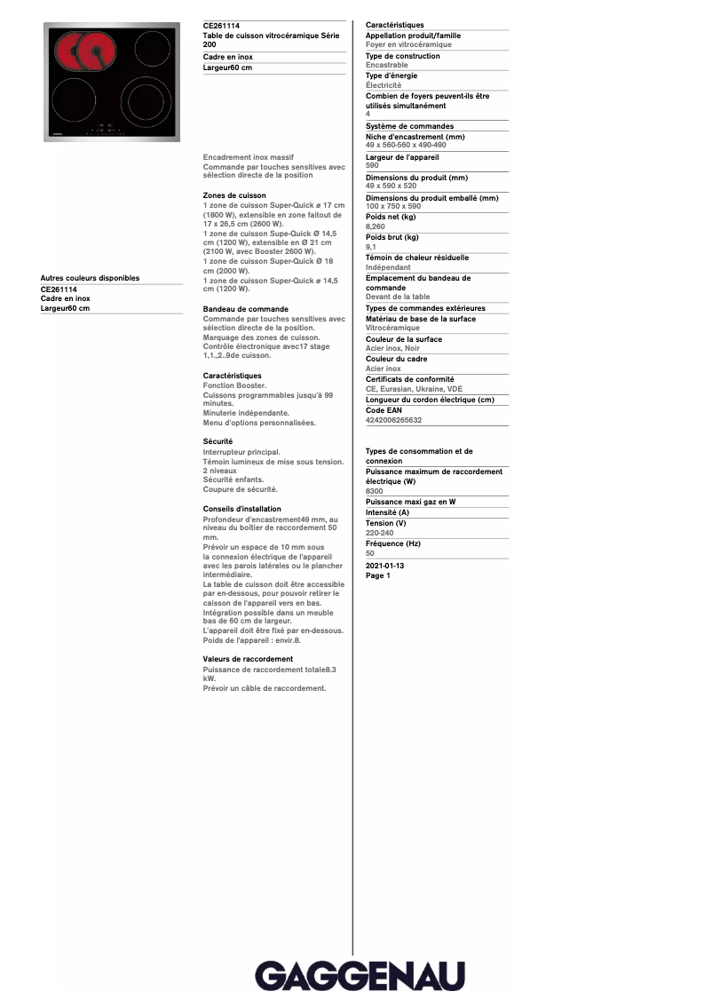 Página 1 del manual Ficha técnica Gaggenau CE261114