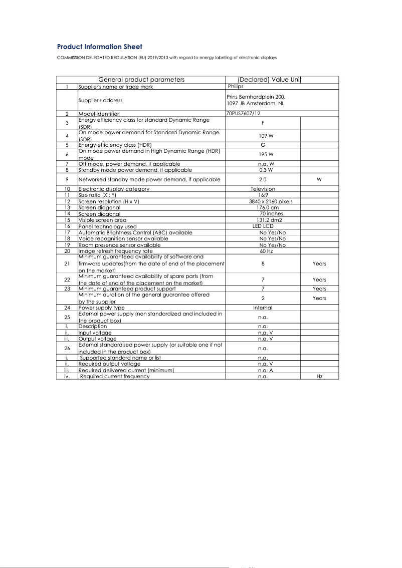 Imagen de la primera página del manual del dispositivo 70PUS7607