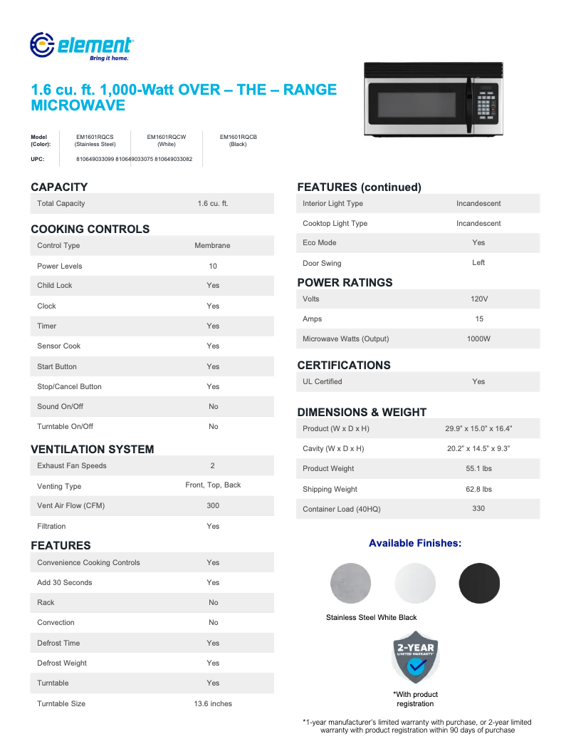 Imagen de la primera página del manual del dispositivo EM1601RQCW