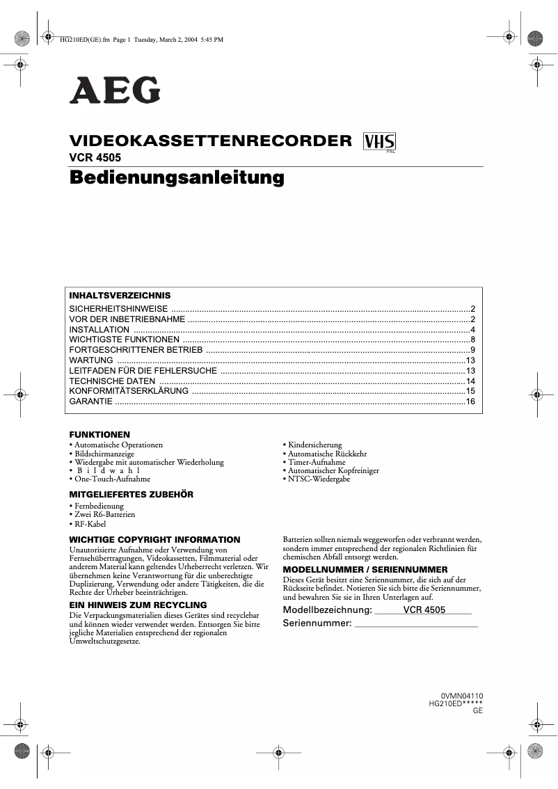 Página 1 del manual Manual de usuario AEG VCR 4505