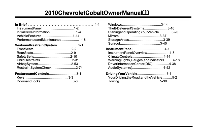 Página 1 del manual Manual de usuario Chevrolet Cobalt Coupé (2010)