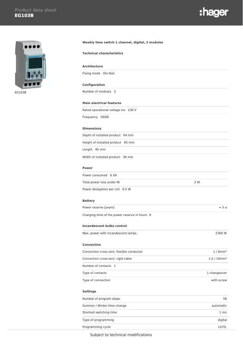 Página 1 del manual Ficha técnica Hager EG103B