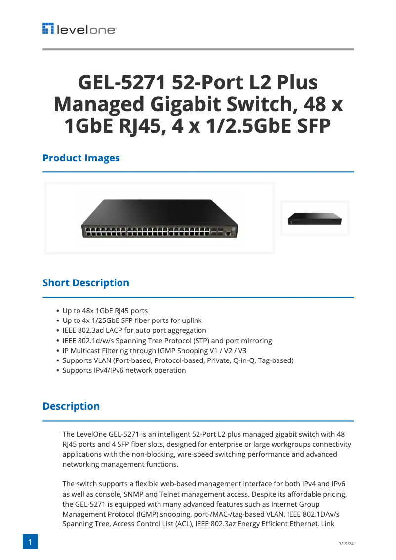 Página 1 del manual Ficha técnica LevelOne GEL-5271