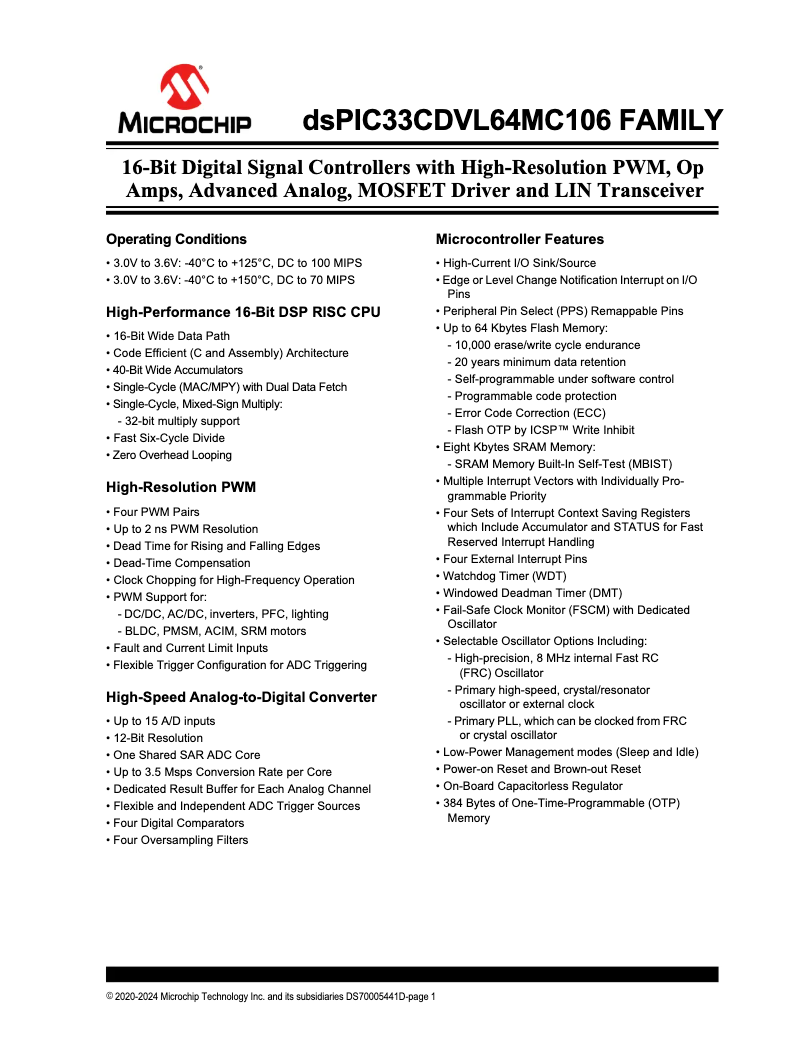 Imagen de la primera página del manual del dispositivo dsPIC33CDVL64MC106