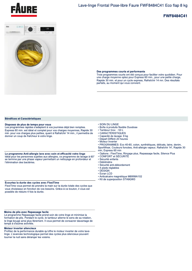 Página 1 del manual Ficha técnica Faure FWF8484C41