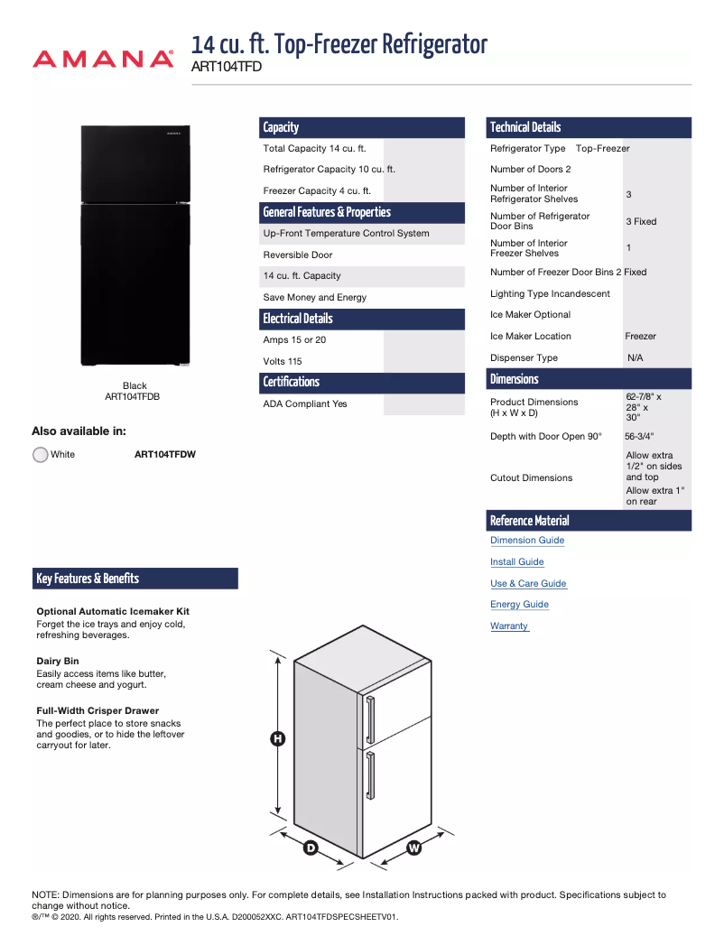 Página 1 del manual Ficha técnica Amana ART308FFDB