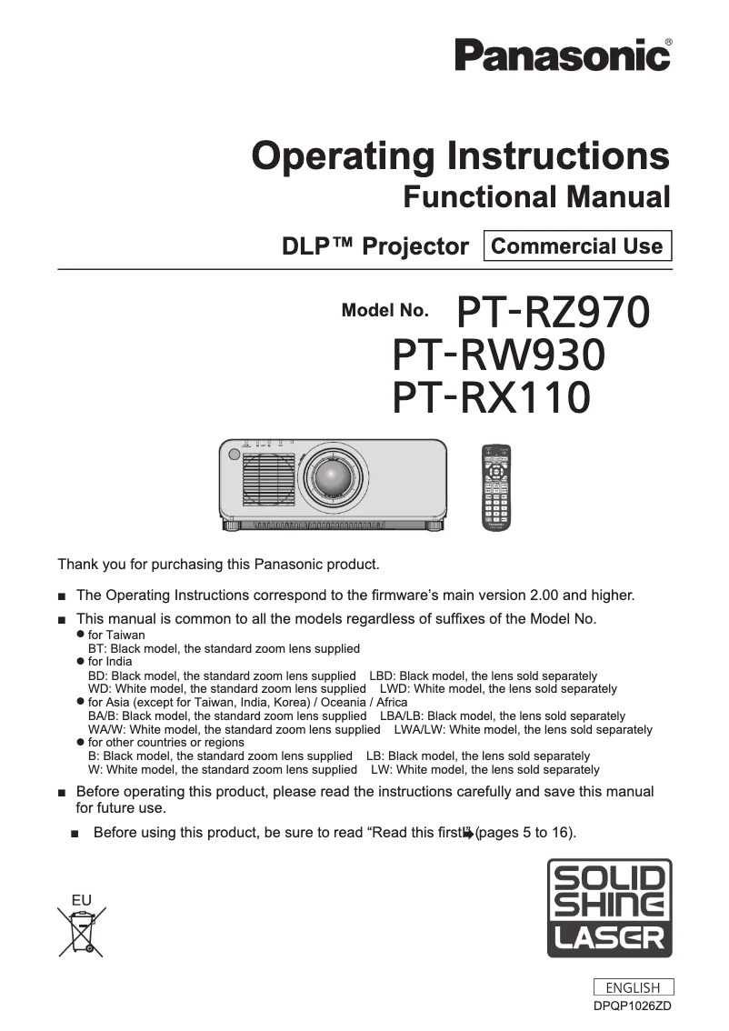 Página nº 1 - Manual de usuario Panasonic PT-RZ970