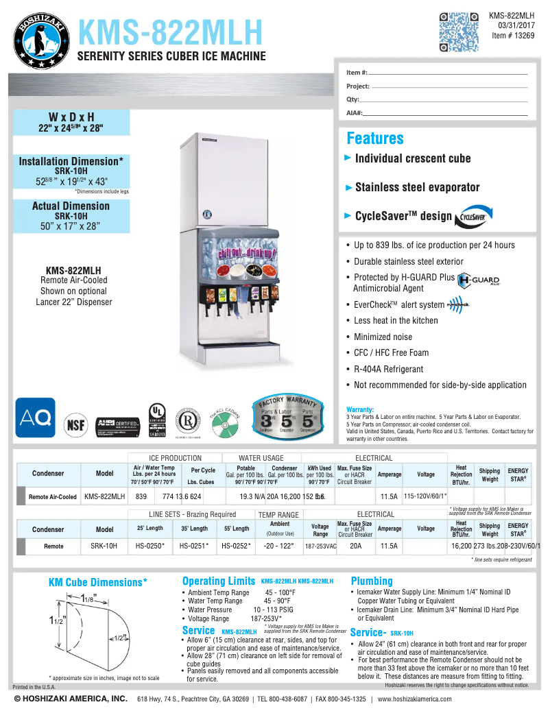 Página 1 del manual Ficha técnica Hoshizaki KMS-822MLH
