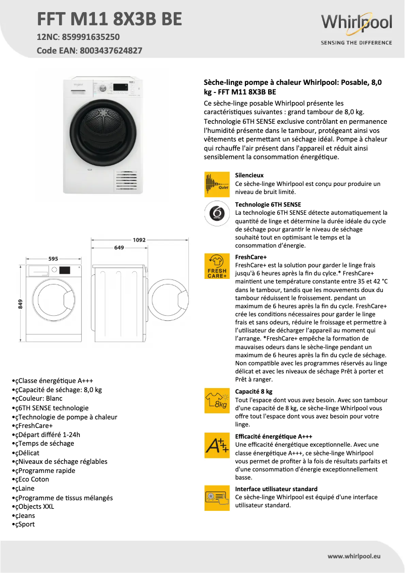 Página nº 1 - Ficha técnica Whirlpool FFT M11 8X3B BE