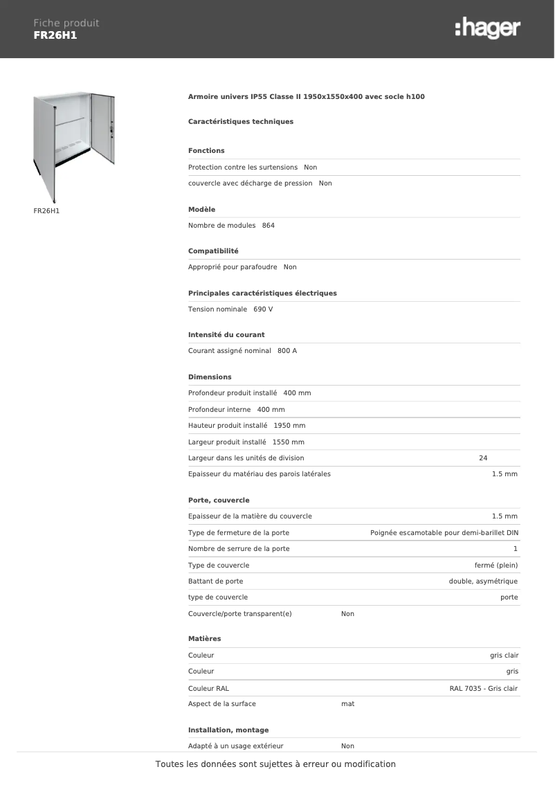 Página 1 del manual Ficha técnica Hager FR26H1