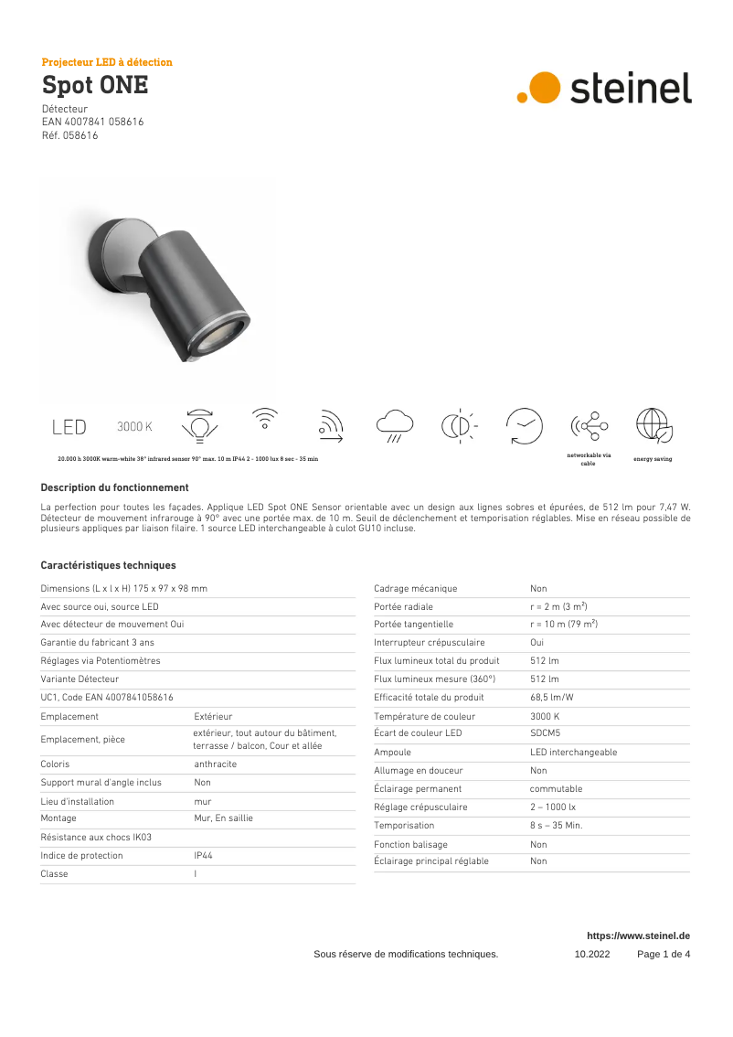 Página 1 del manual Ficha técnica Steinel Spot ONE SC