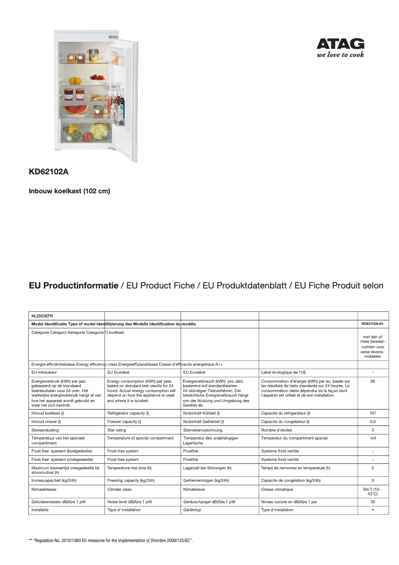 Página 1 del manual Ficha técnica Atag KD62102A