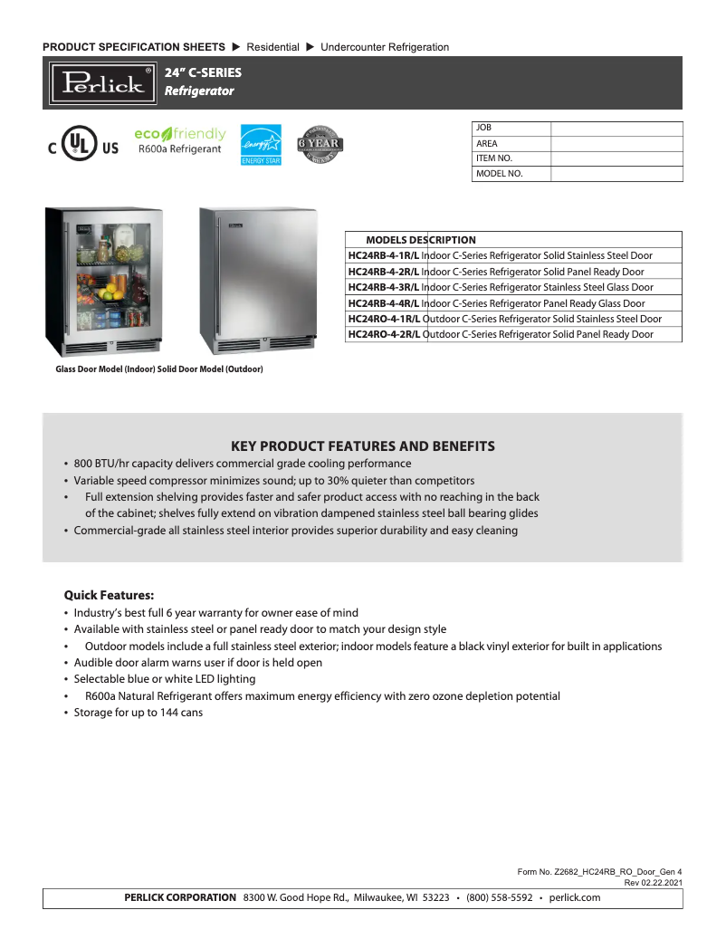 Página 1 del manual Ficha técnica Perlick HC24RB-4-2R