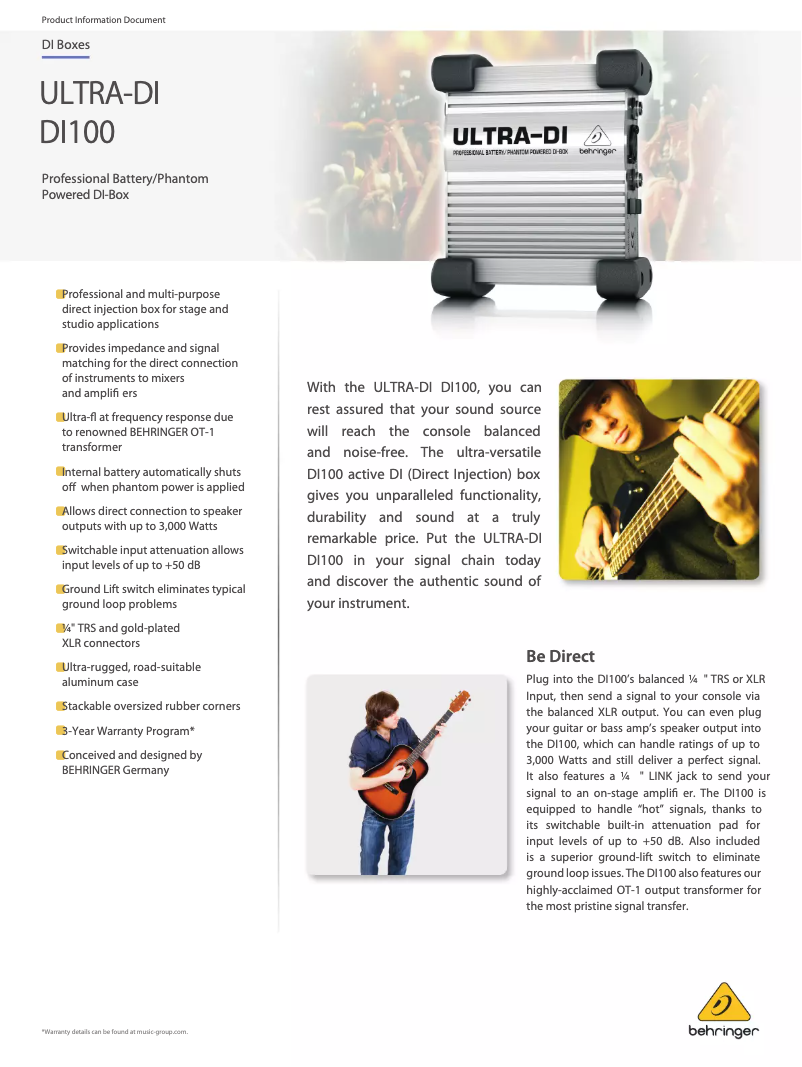 Página 1 del manual Ficha técnica Behringer ULTRA-DI DI100