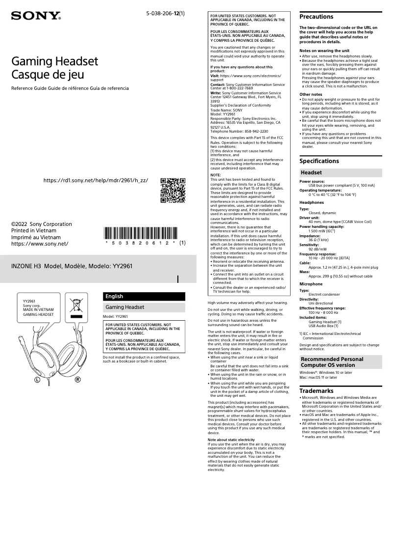 Imagen de la primera página del manual del dispositivo Inzone H3