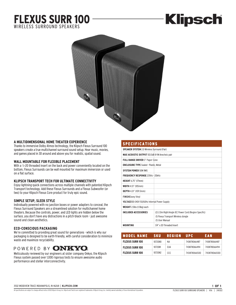 Página 1 del manual Ficha técnica Klipsch Flexus SURR 100