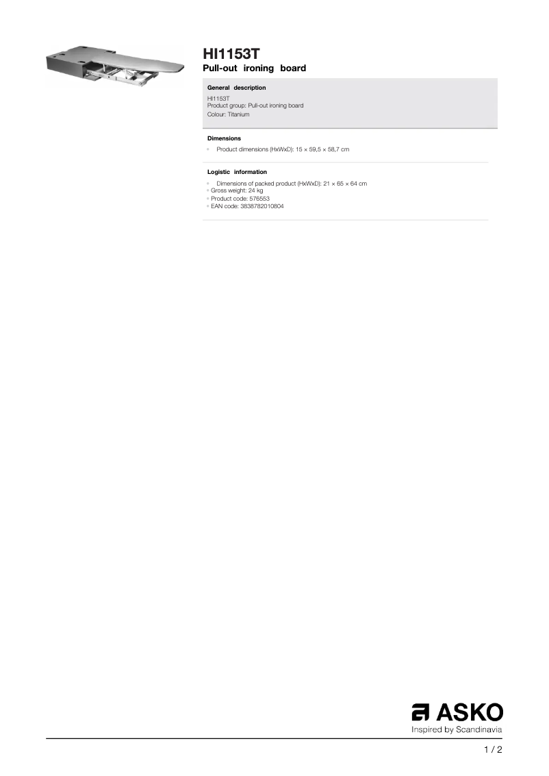 Página 1 del manual Ficha técnica Asko HI1153T