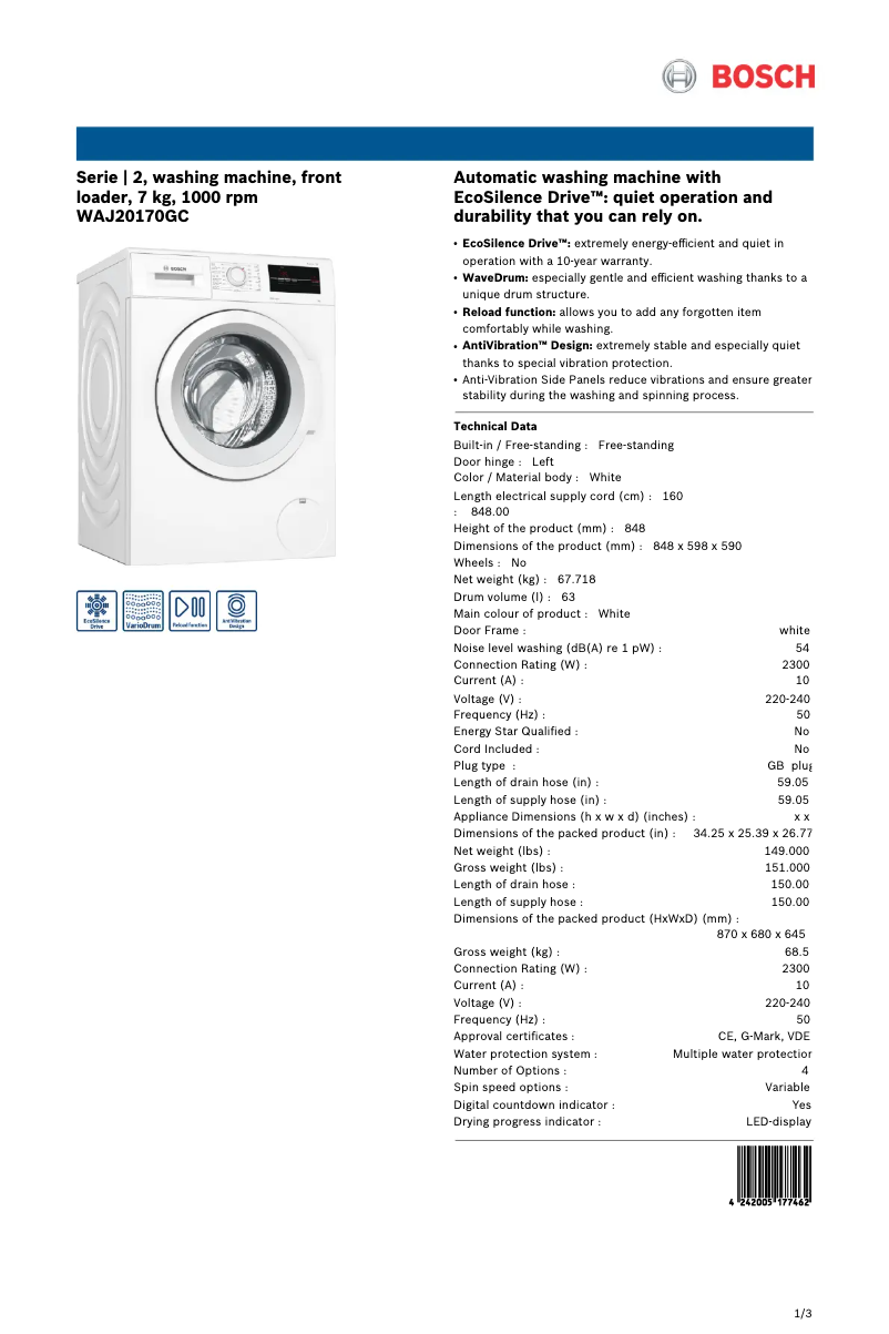 Página 1 del manual Ficha técnica Bosch WAJ20170GC