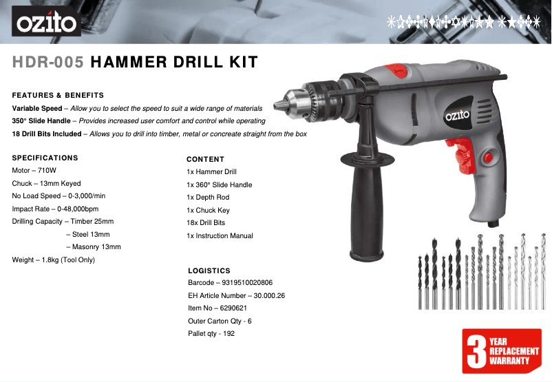 Página 1 del manual Ficha técnica Ozito HDR-005