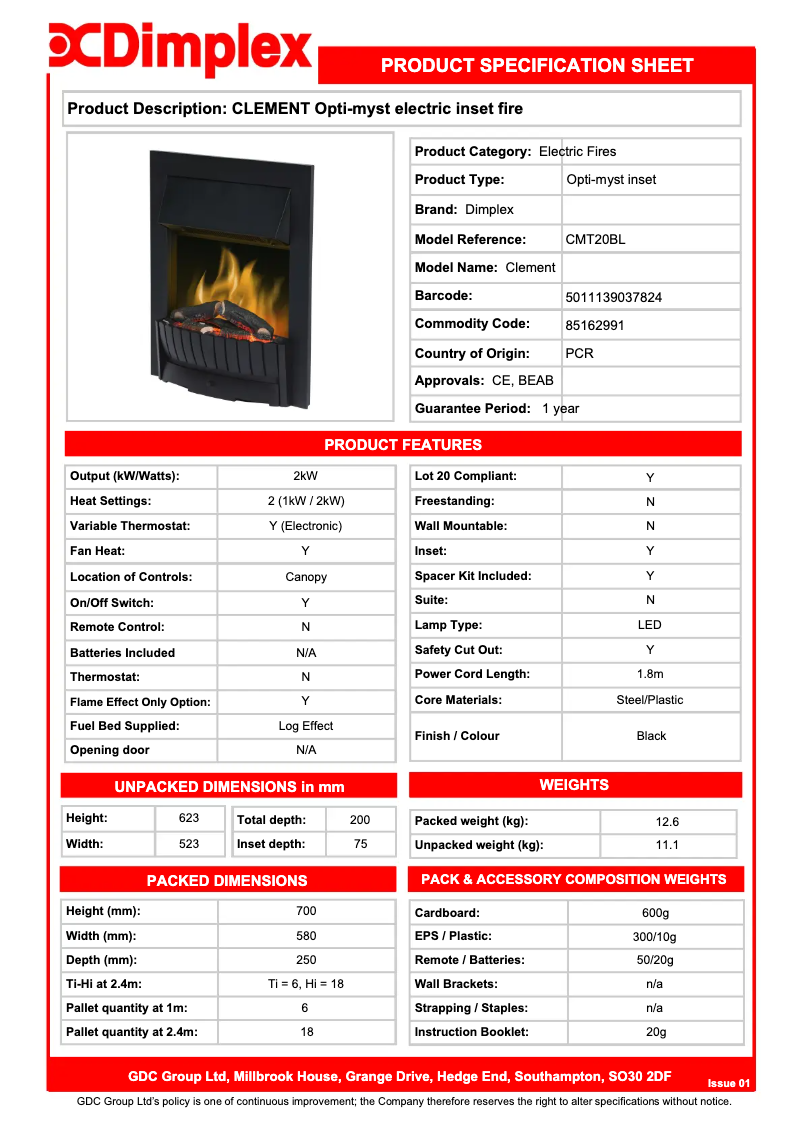 Página nº 1 - Ficha técnica Dimplex CMT20BL