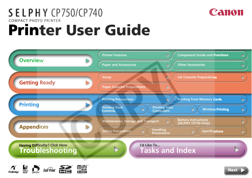 Imagen de la primera página del manual del dispositivo Selphy CP740
