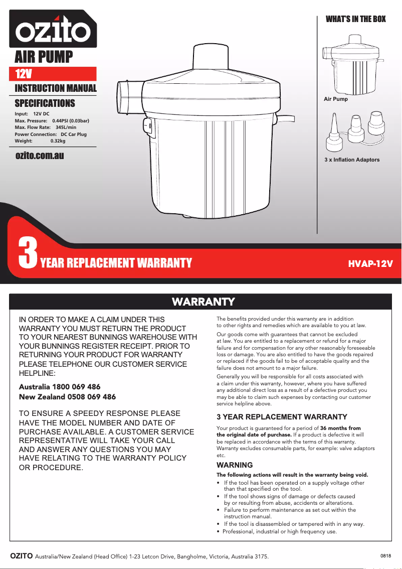Página 1 del manual Manual de usuario Ozito HVAP-12V