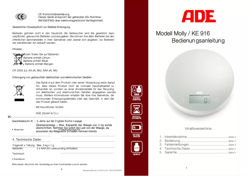 Imagen de la primera página del manual del dispositivo Molly KE 916