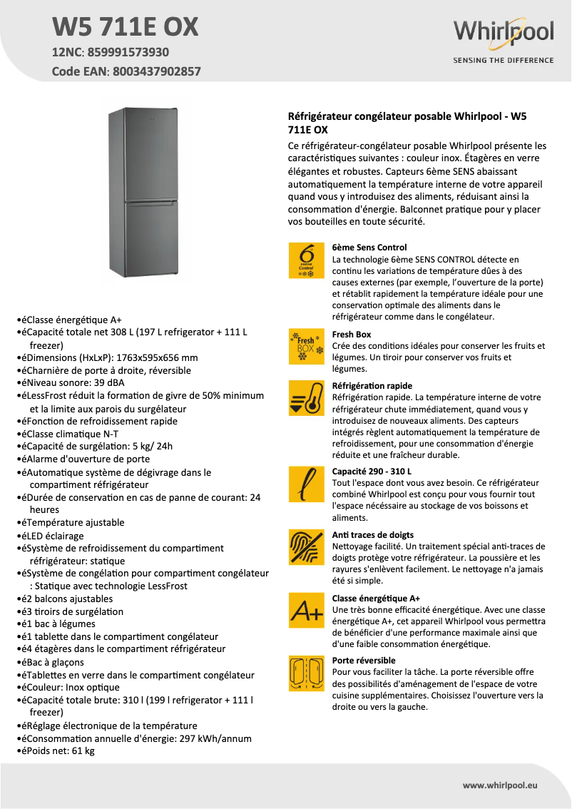 Página 1 del manual Ficha técnica Whirlpool W5 711E OX