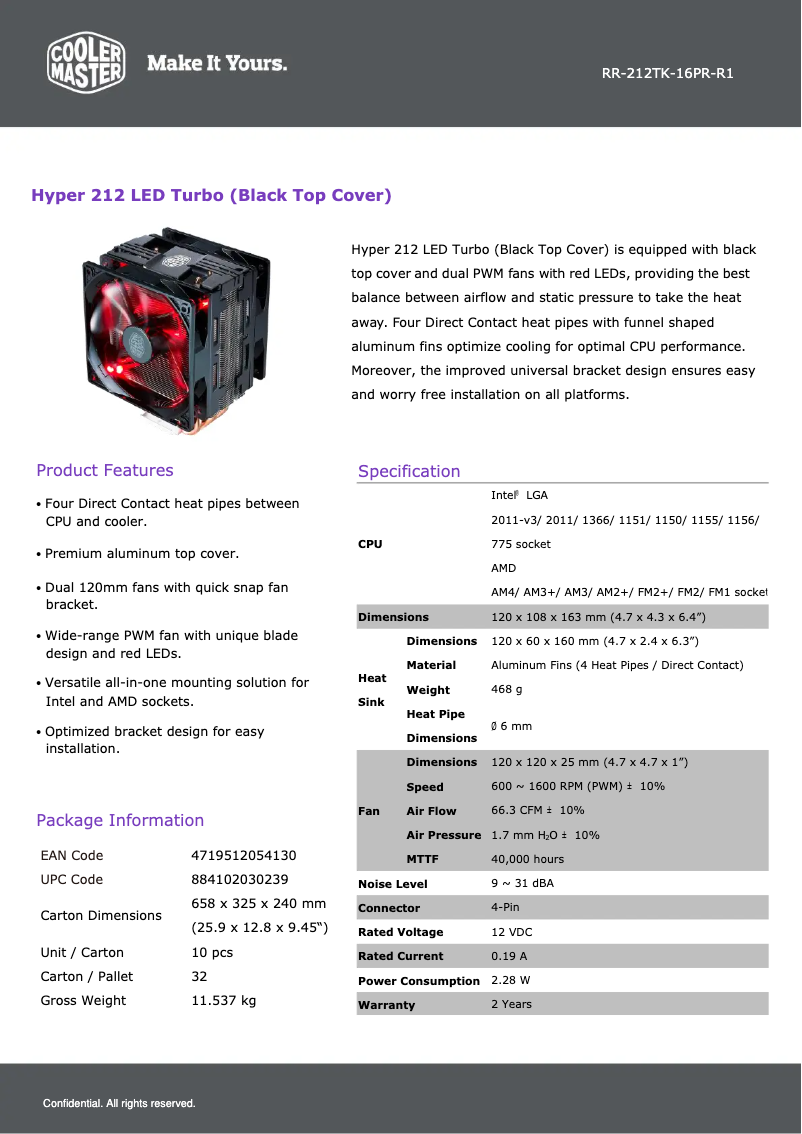Página 1 del manual Ficha técnica Cooler Master Hyper 212 LED Turbo