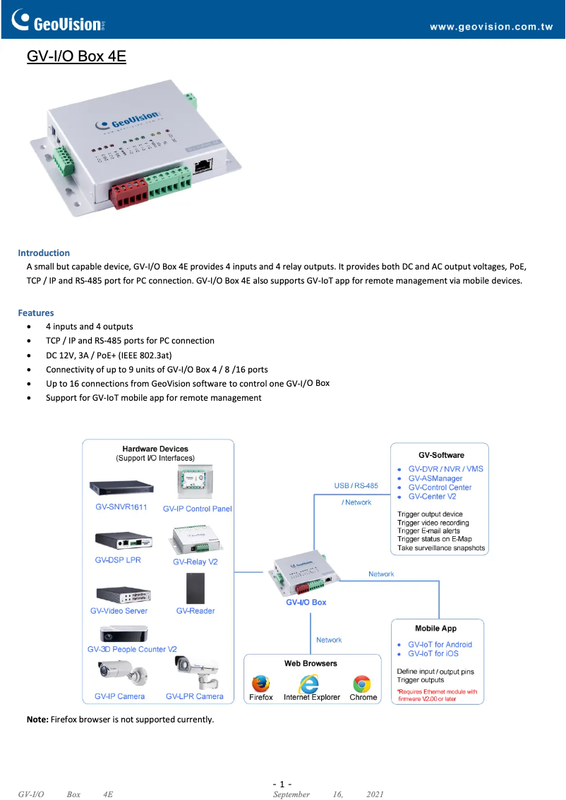 Imagen de la primera página del manual del dispositivo GV-I/O Box 4E