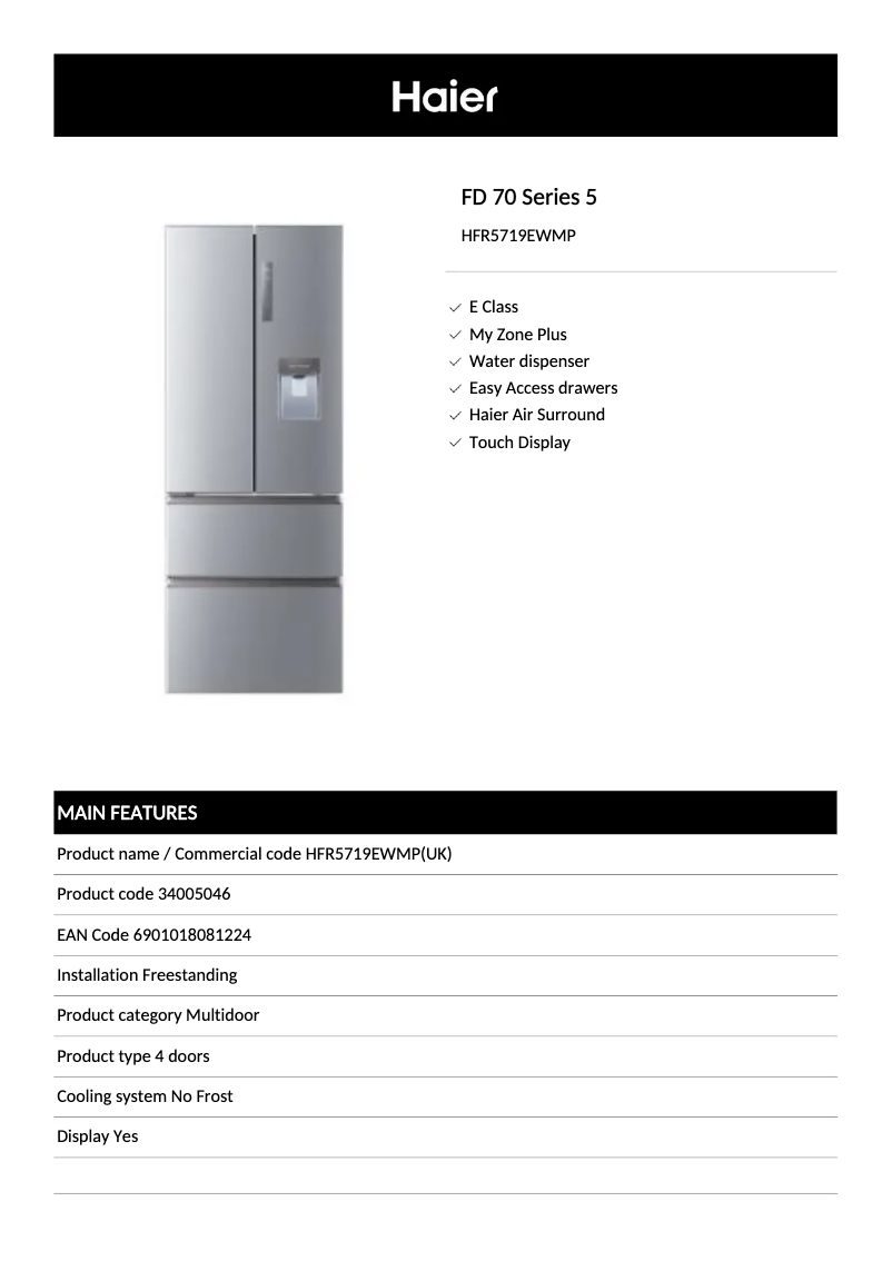 Página 1 del manual Ficha técnica Haier HB16WMAA