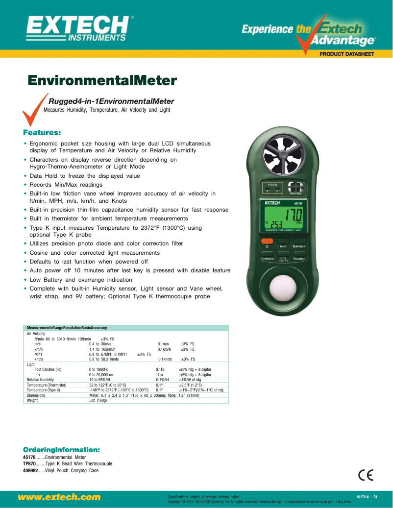 Página 1 del manual Ficha técnica Extech 45170