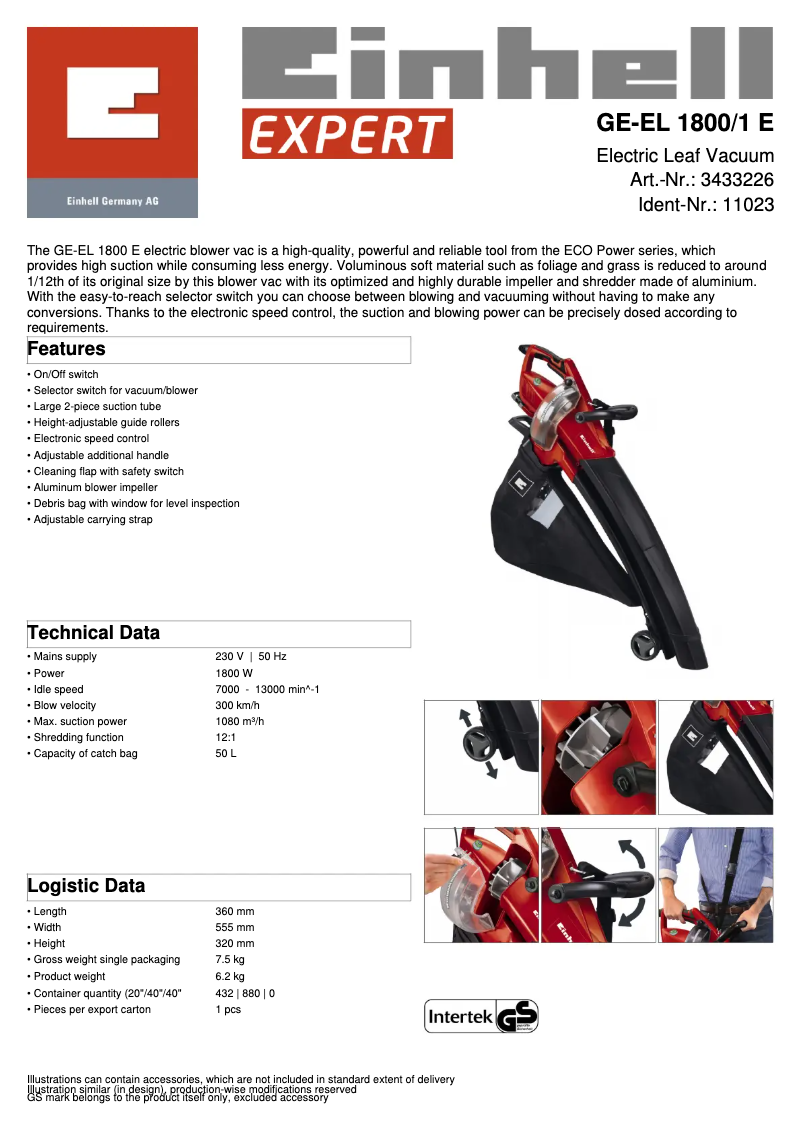 Página 1 del manual Ficha técnica Einhell GE-EL 1800/1 E