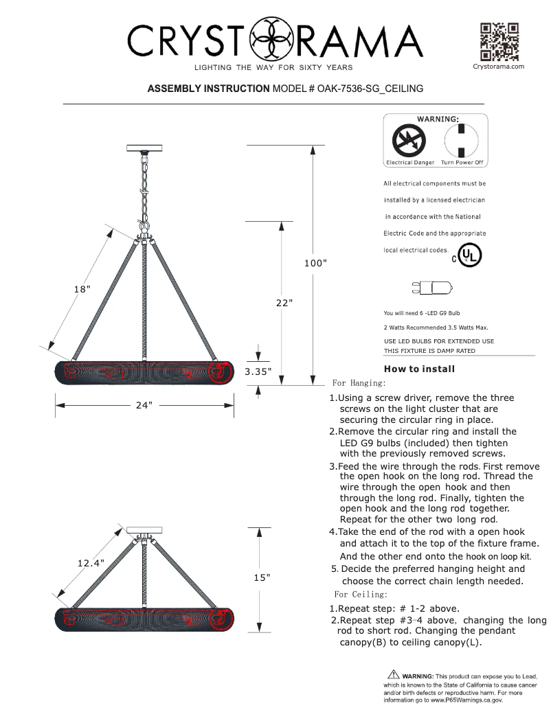 Página 1 del manual Manual de usuario Crystorama Oakley OAK-7536-SG_CEILING