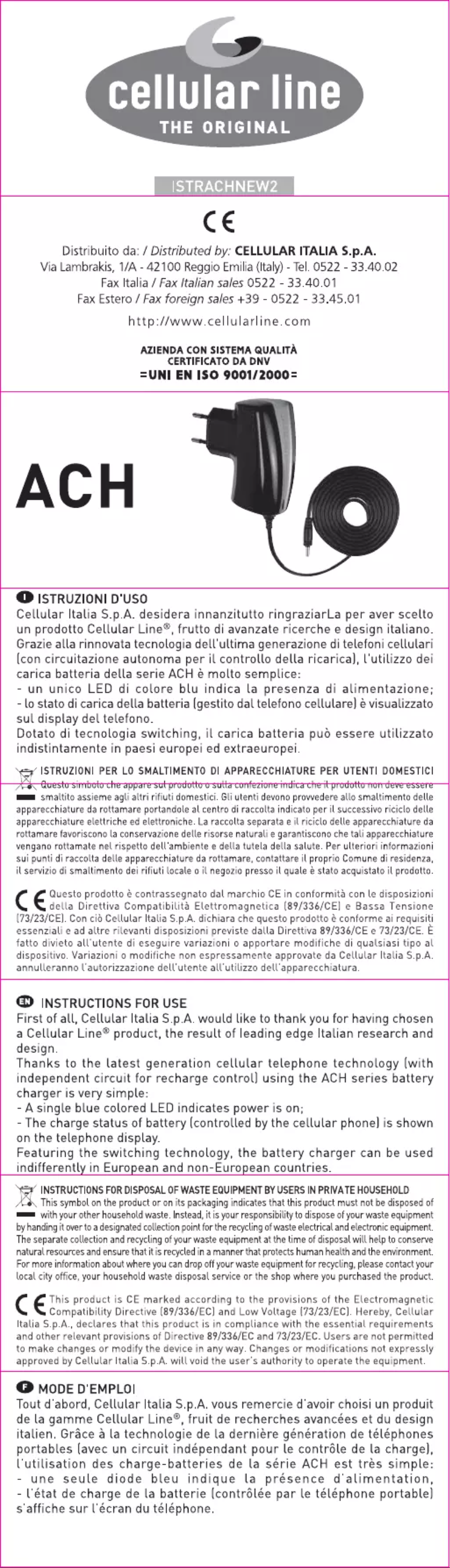 Página nº 1 - Manual de usuario Cellular Line ACHT28CL