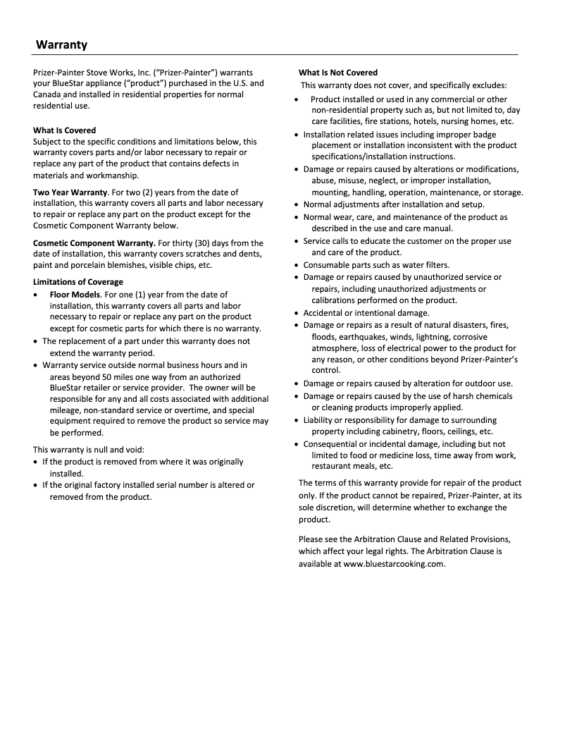 Página 1 del manual Información de garantía BlueStar FBFD361PC-3017