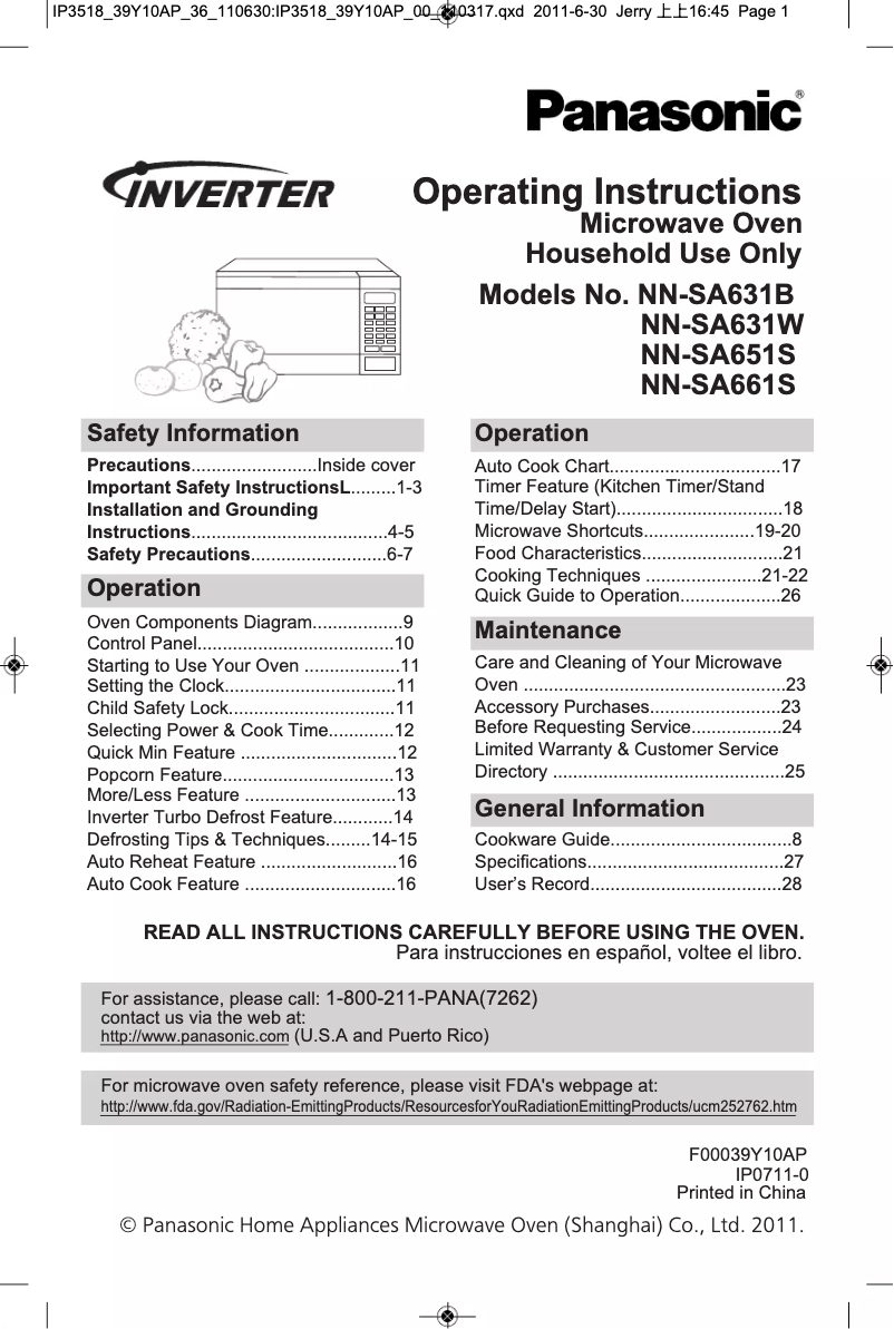 Página 1 del manual Manual de usuario Panasonic NN-SA661S