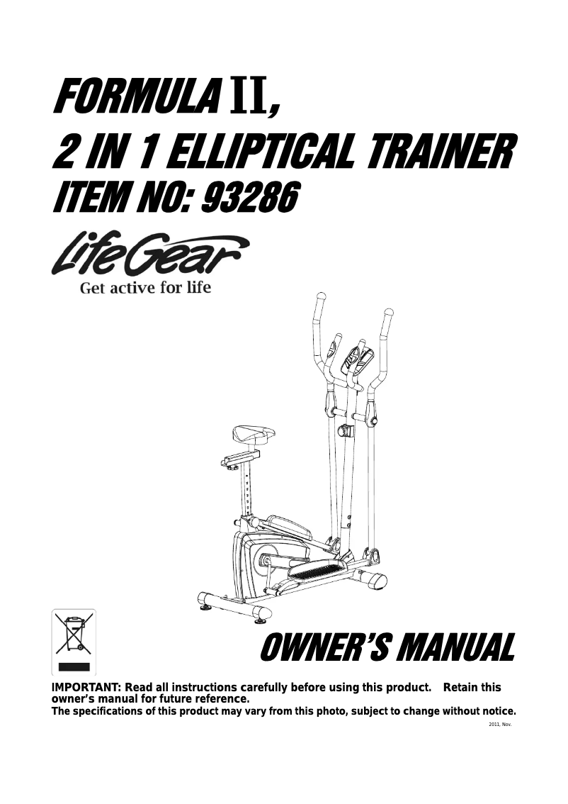 Imagen de la primera página del manual del dispositivo Formula II 2 in 1 Elliptical Trainer 93286