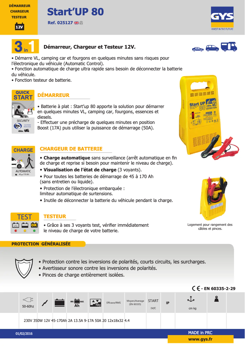 Página 1 del manual Ficha técnica GYS Start UP 80