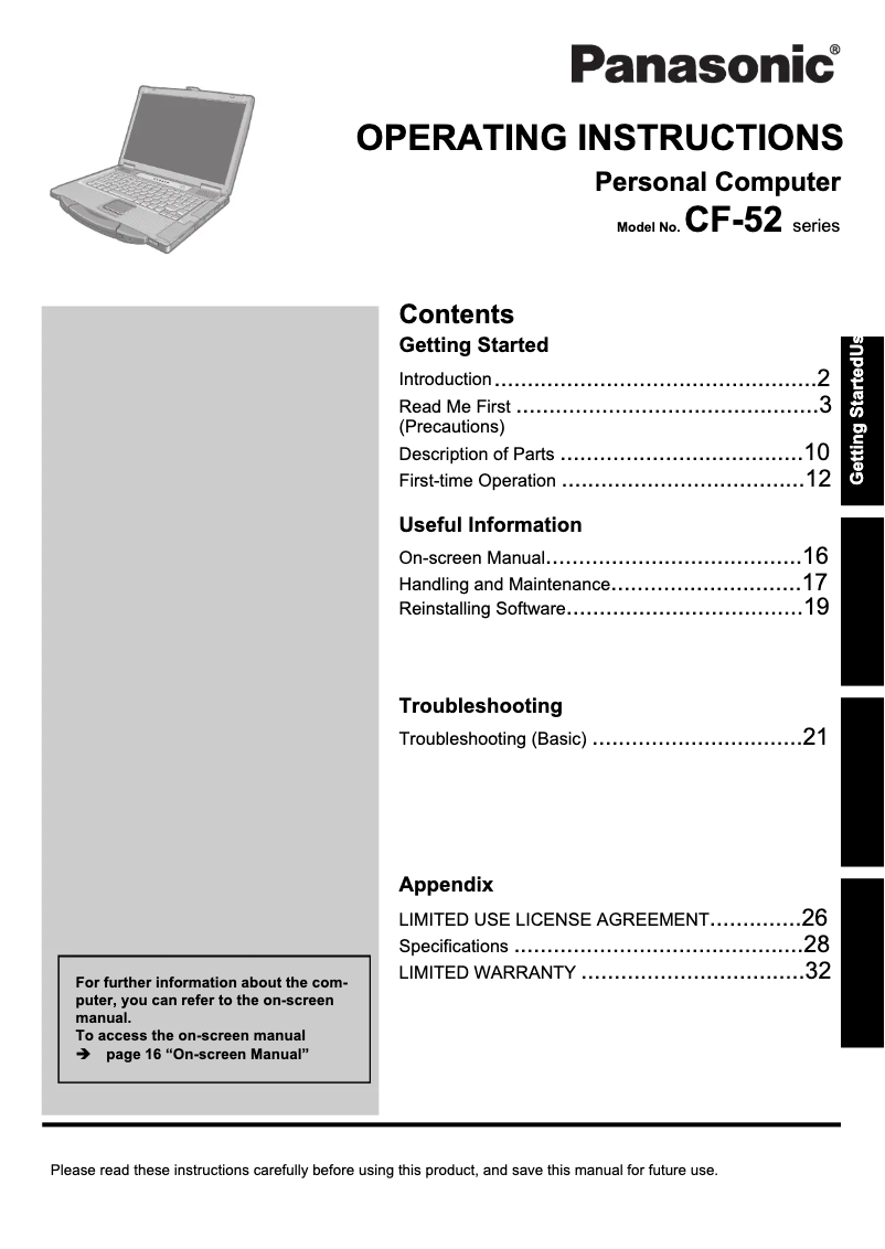 Imagen de la primera página del manual del dispositivo CF-52MLBBUQD