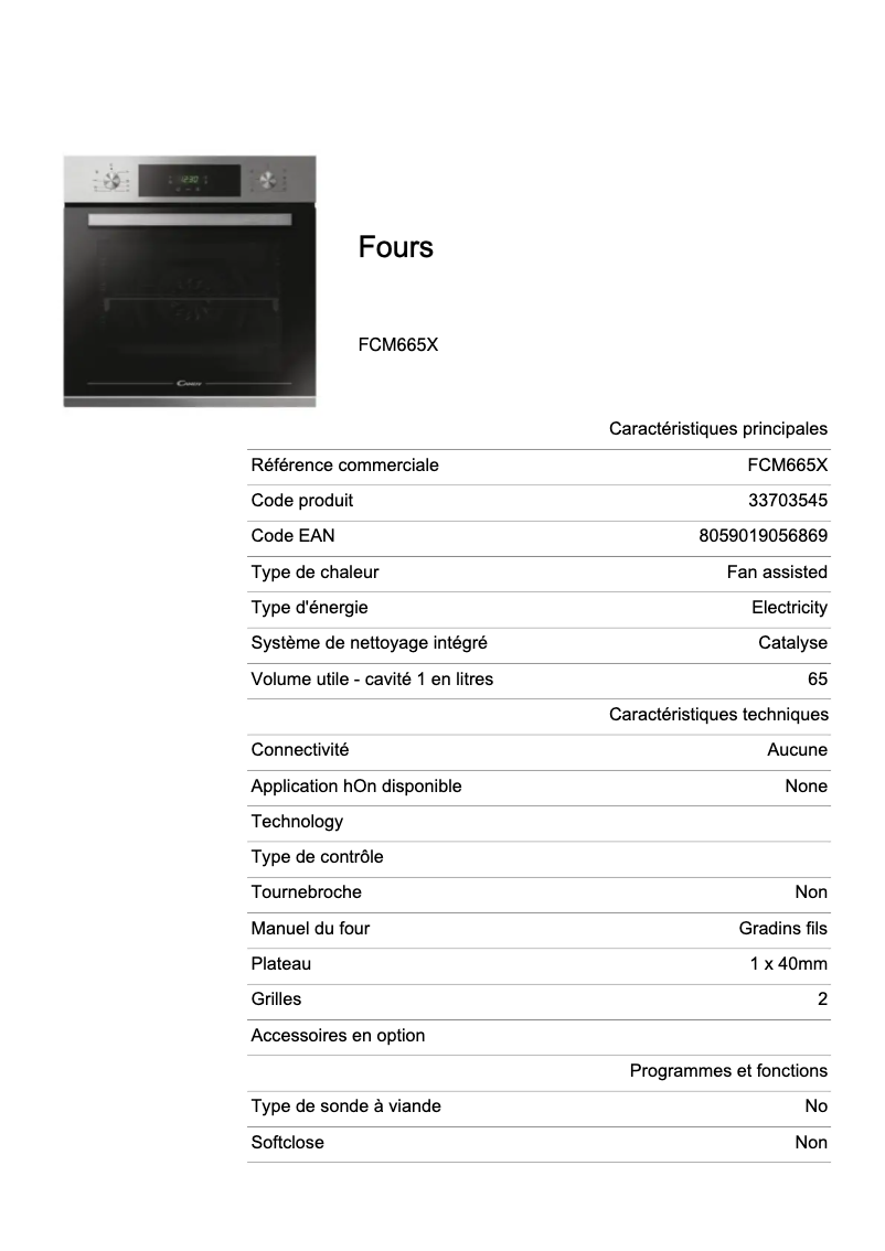 Página 1 del manual Ficha técnica Candy FCM665X