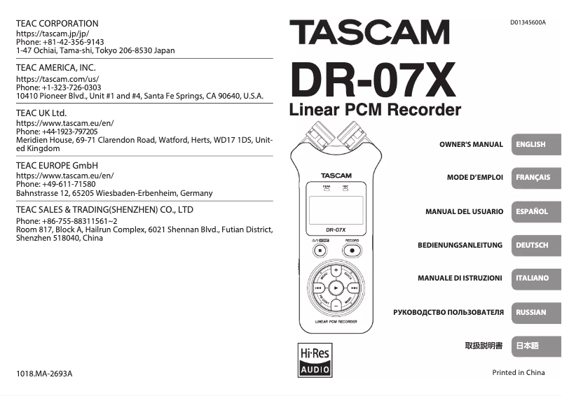 Página nº 1 - Manual de usuario Tascam DR-07X