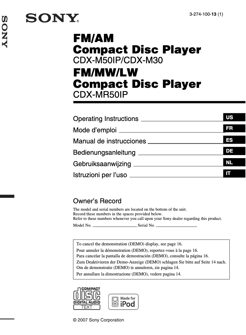 Página 1 del manual Manual de instrucciones Sony CDX-MR50IP