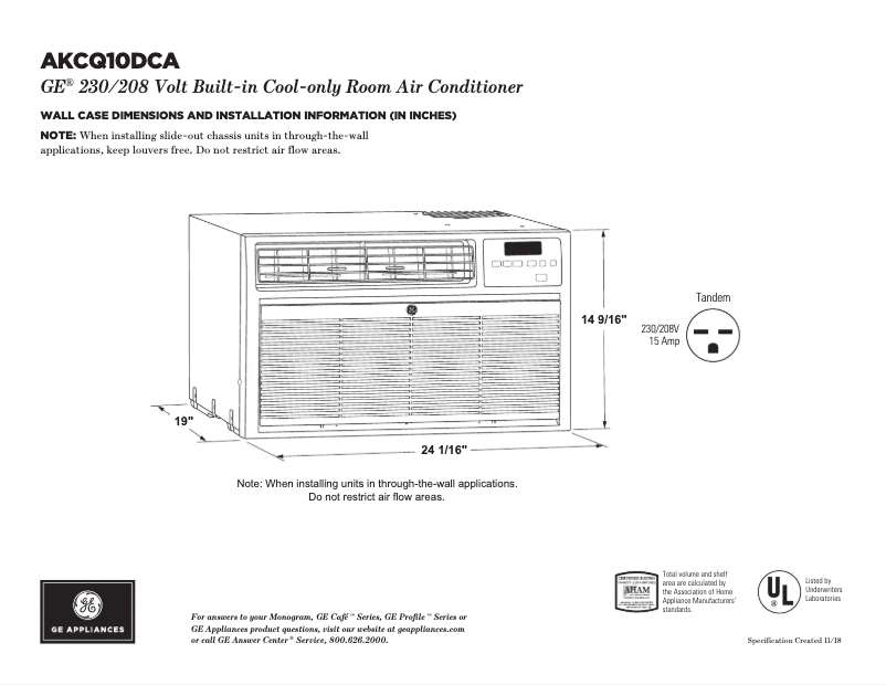 Página 1 del manual Ficha técnica GE AKCQ10DCA