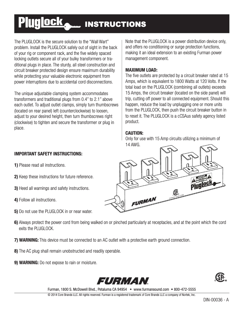 Página nº 1 - Manual de usuario Furman PLUGLOCK