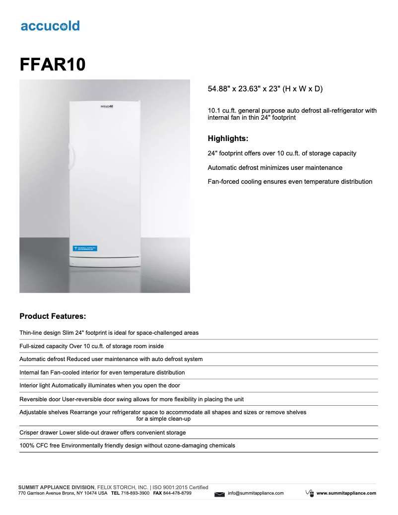 Imagen de la primera página del manual del dispositivo Accucold FFAR10