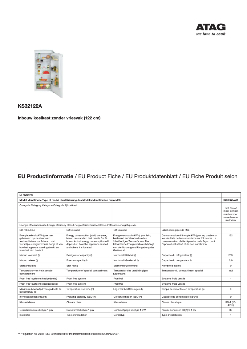 Página 1 del manual Ficha técnica Atag KS32122A